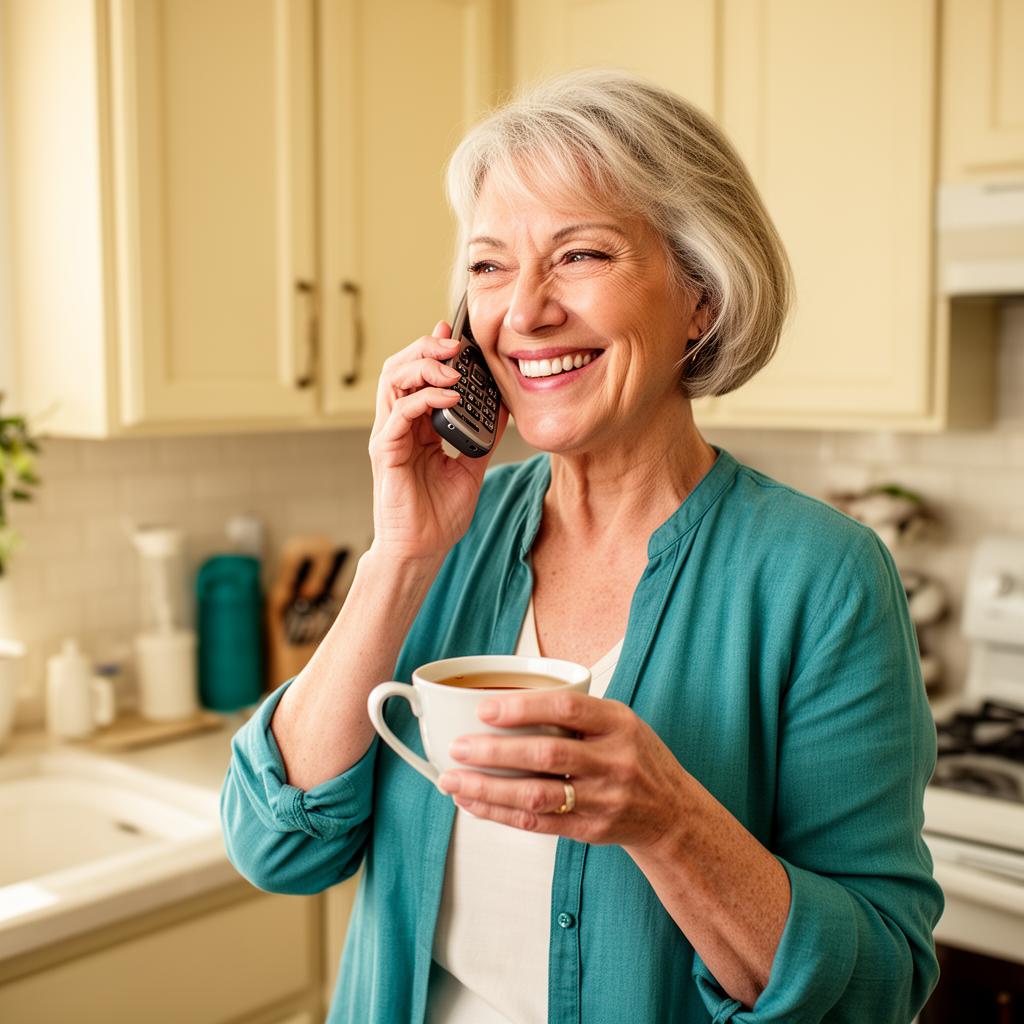 Senior woman smiling on a home phone in her kitchen