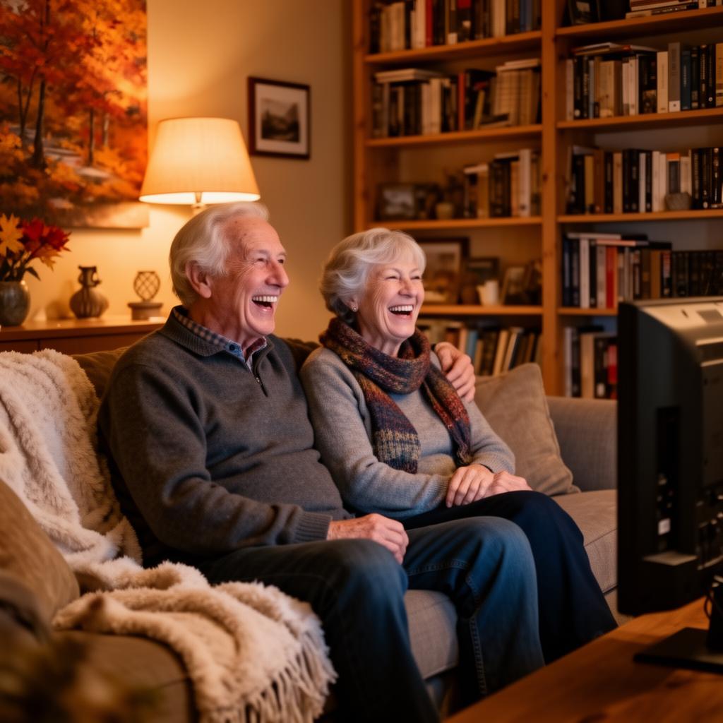 Senior couple laughing together while watching TV at home