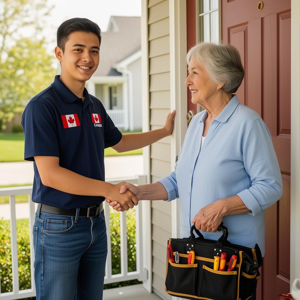Friendly Canadian technician greeting a senior at her front door